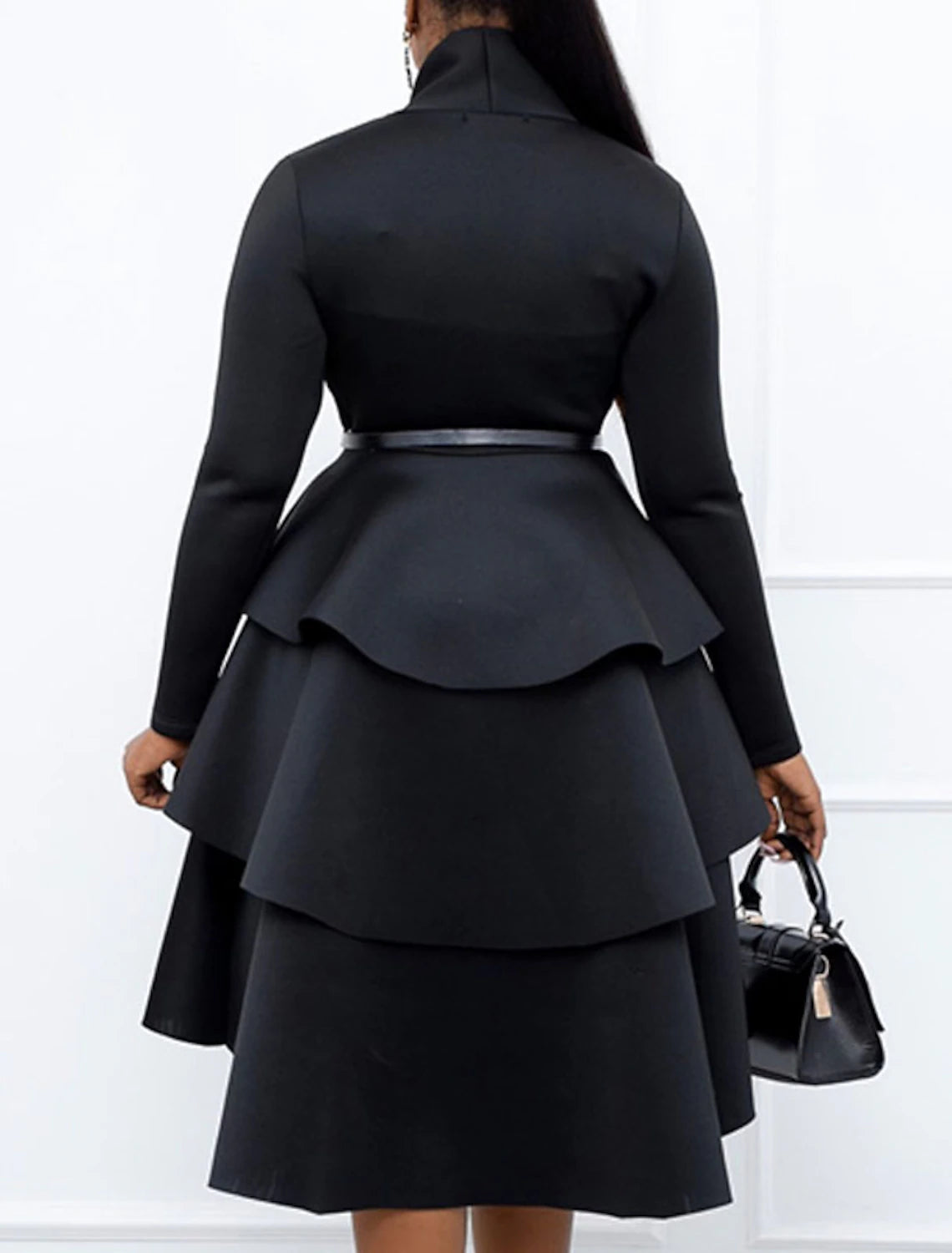 Abito da festa curvy da donna taglie forti, tinta unita, scollo quadrato, volant, manica lunga, invernale, autunno, casual, basic, abito midi, da lavoro, quotidiano, nero, abito da ballo